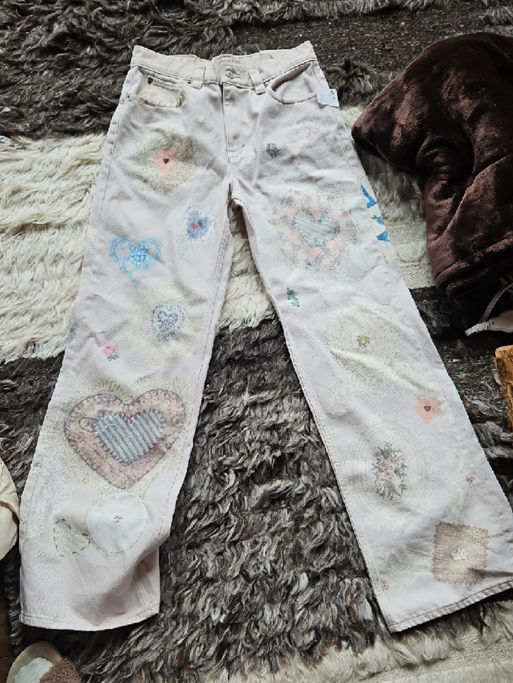 Free People Cream Straight-Leg Jeans with Pastel Heart & Floral Appliqués - Picture 7 of 11